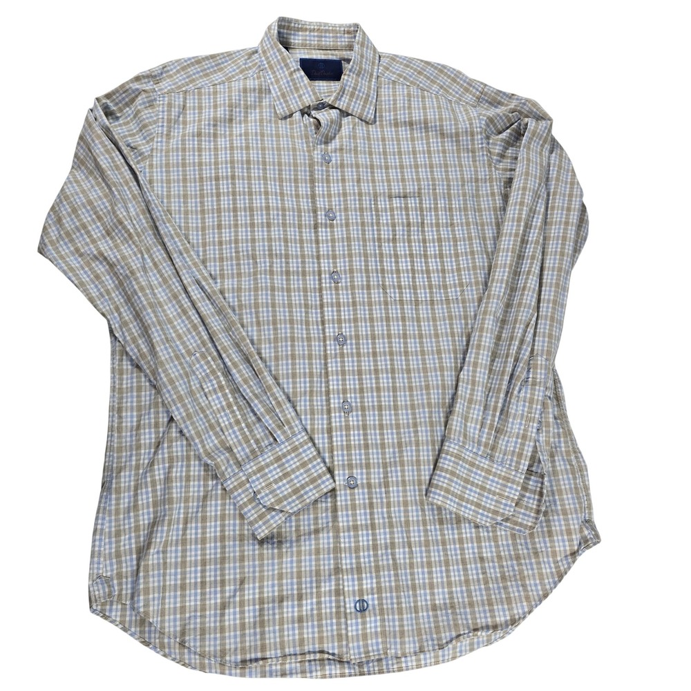 David Donahue Mens Large Plaid Button Down Shirt‎ Tan Light Blue 100% Cotton L